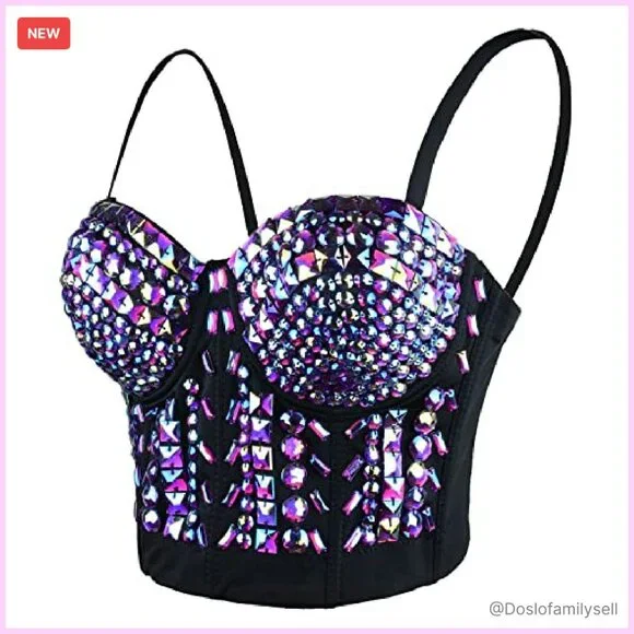 Sexy Rhinestone Bustier Crop Top Glitter Corset Clubwear Y2K Chic Adjustable